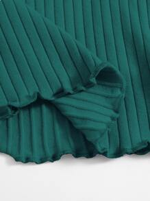 SHEIN EZwear Solid Lettuce Trim Rib-knit Tee - Dark Green - View 3