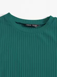 SHEIN EZwear Solid Lettuce Trim Rib-knit Tee - Dark Green - View 4