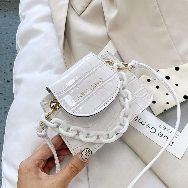 Croc Embossed Chain Satchel Bag, White