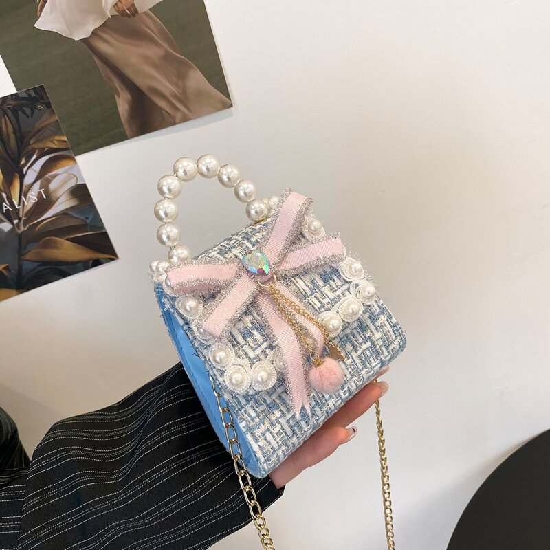 

Tweed Faux Pearl & Bow Decor Satchel Bag, Blue