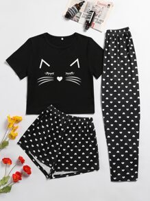 Cat Graphic Tee & Heart Print Shorts & Trousers PJ Set - Black - View 1