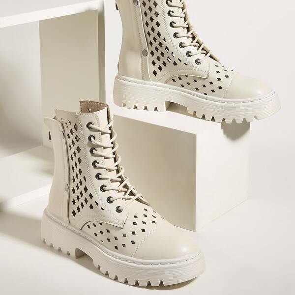 

Hollow Out Lace-up Front Combat Boots, Beige