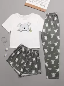 3pcs Cartoon Print Tee & Elastic Waist Shorts & Pants PJ Set - Multicolor - View 1