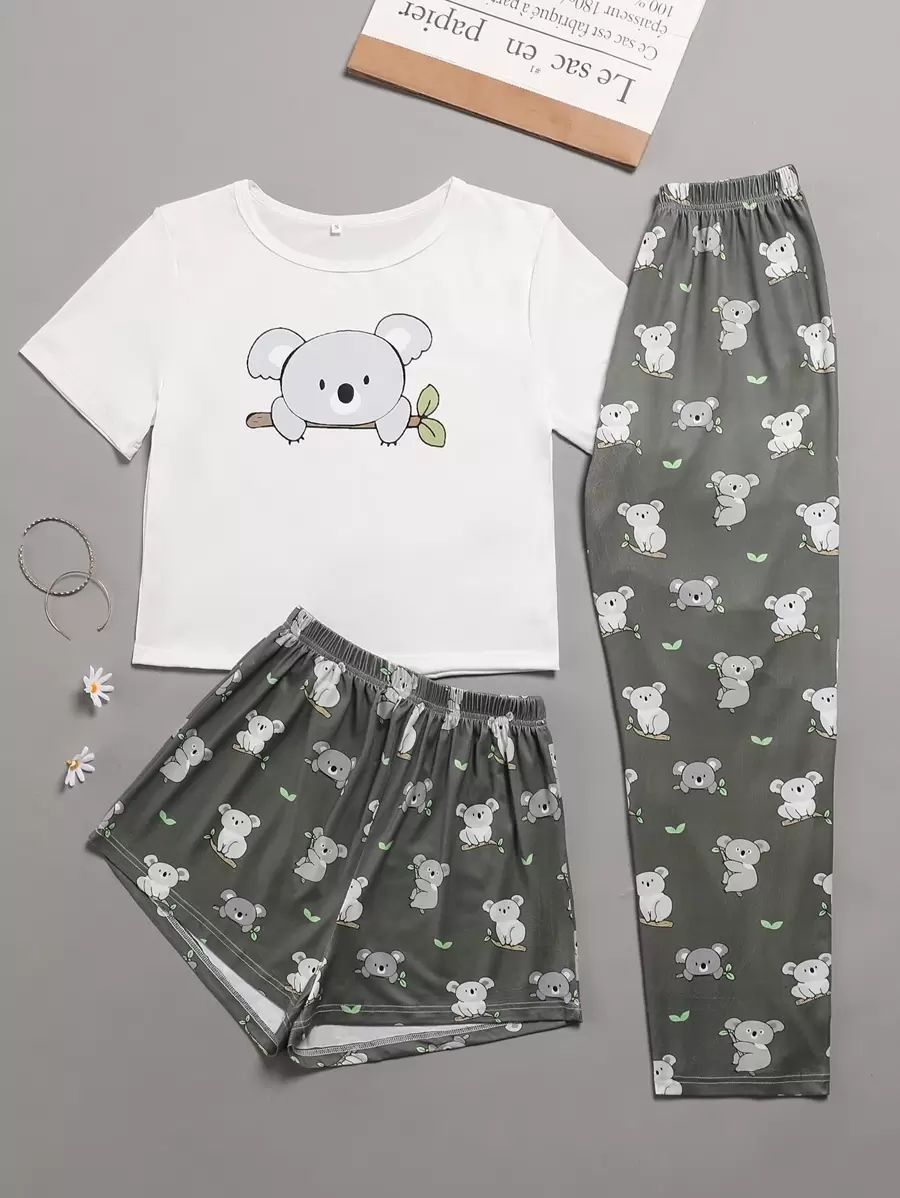 3pcs Cartoon Print Tee & Elastic Waist Shorts & Pants PJ Set - Multicolor - View 1