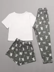 3pcs Cartoon Print Tee & Elastic Waist Shorts & Pants PJ Set - Multicolor - View 2