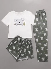 3pcs Cartoon Print Tee & Elastic Waist Shorts & Pants PJ Set - Multicolor - View 4