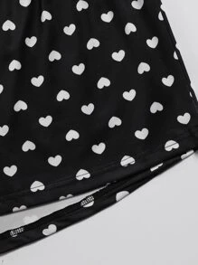 Cat Graphic Tee & Heart Print Shorts & Trousers PJ Set - Black - View 5