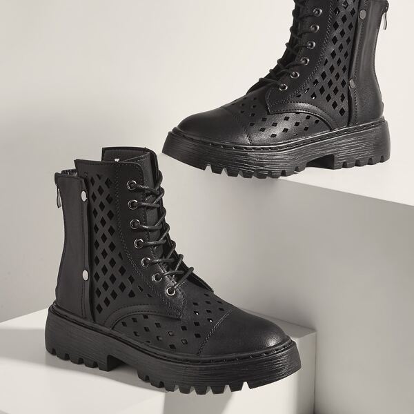

Hollow Out Lace-up Front Combat Boots, Black