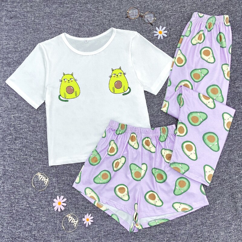 

3pcs Cartoon Cat Print Tee & Shorts & Pants PJ Set, Multicolor