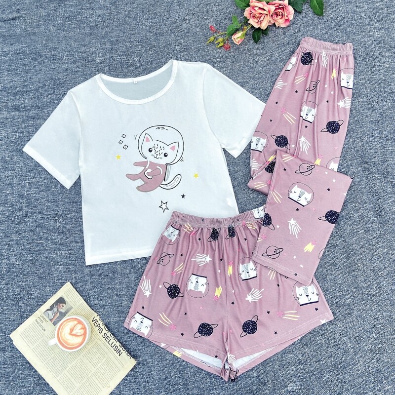 

3pcs Cartoon Cat Print Tee & Shorts & Pants PJ Set, Multicolor