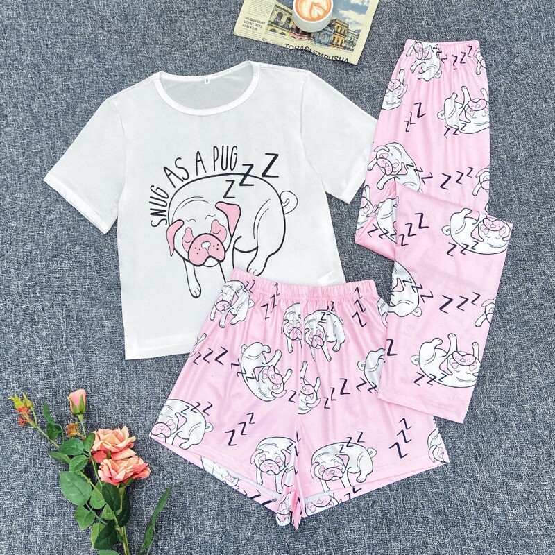 

3 Pack Pug & Slogan Graphic PJ Set, Multicolor