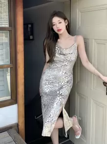 Snakeskin Print Cowl Neck Slit Hem Cami Dress