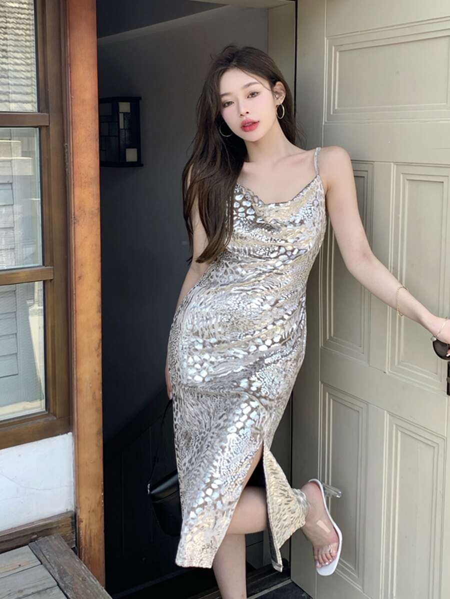 Snakeskin Print Cowl Neck Slit Hem Cami Dress