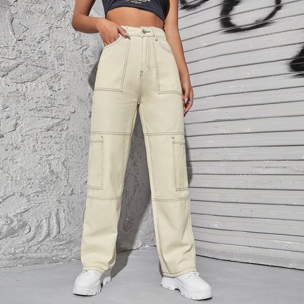 

Zipper Fly Contrast Binding Jeans, Beige
