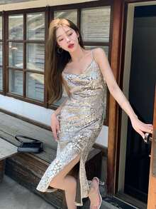 Snakeskin Print Cowl Neck Slit Hem Cami Dress