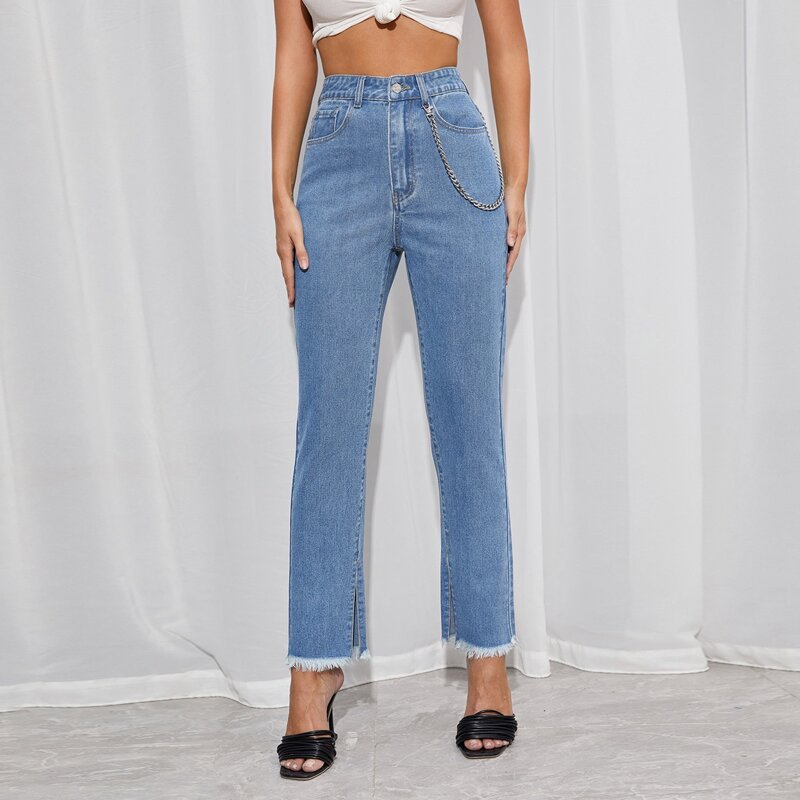 

High Waist Chain Detail Split Raw Hem Jeans, Light wash