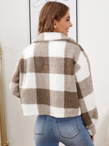 SHEIN LUNE Plaid Flap Detail Teddy Jacket - Multicolor - View 2