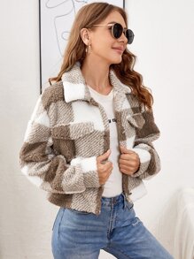 SHEIN LUNE Plaid Flap Detail Teddy Jacket - Multicolor - View 5