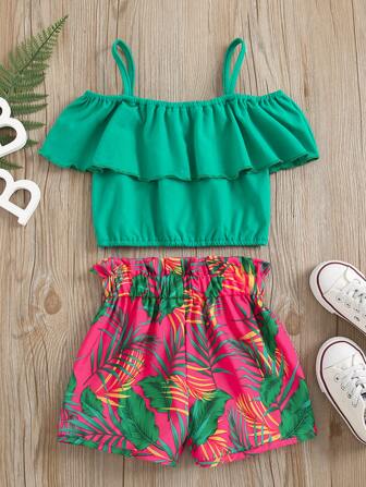 SHEIN Young Girl Cold Shoulder Ruffle Top With Tropical Print Paperbag Shorts