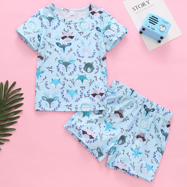 

Toddler Girls Allover Cartoon Graphic Tee & Shorts, Baby blue