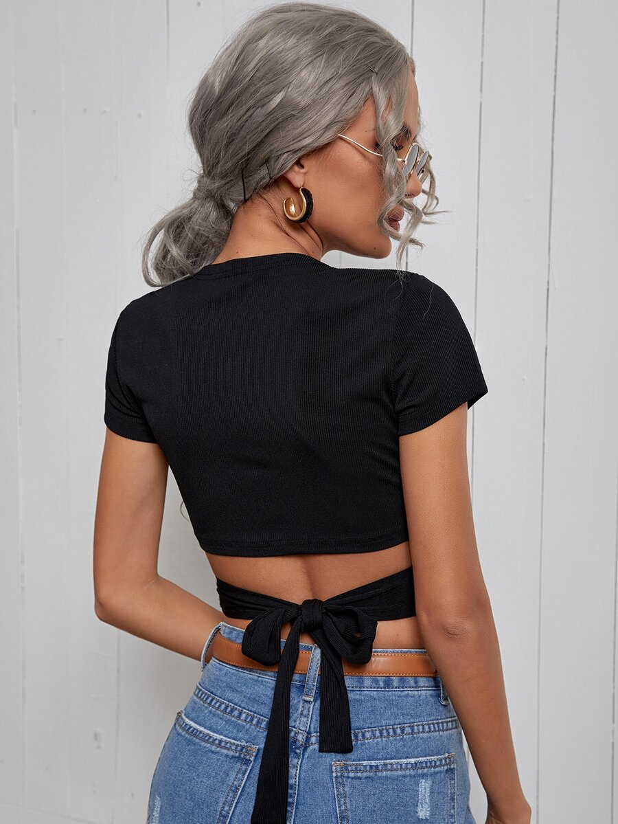 Solid Criss Cross Tie Back Crop Top - Black - View 1