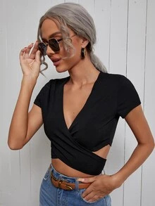 Solid Criss Cross Tie Back Crop Top - Black - View 5