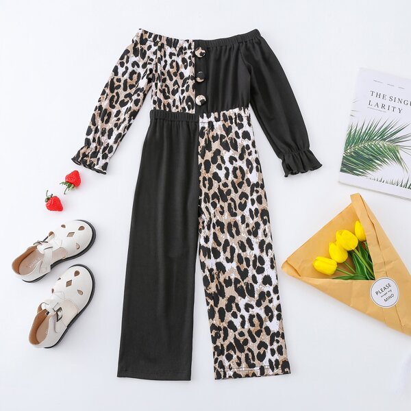 

Toddler Girls Leopard Print Off Shoulder Flounce Sleeve Jumpsuit, Multicolor