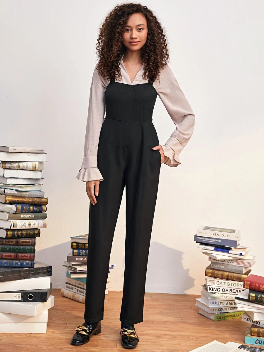 Áo liền quần Cắt ra Dây kéo màu trơn Hấp dẫn - màu đen - Xem 1