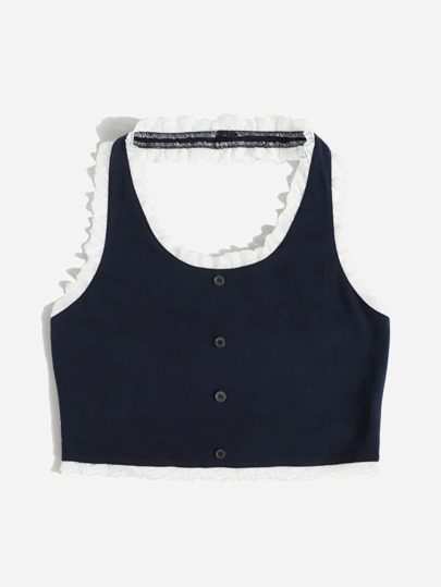 Top halter de color combinado con ojal con encaje con botón delantero