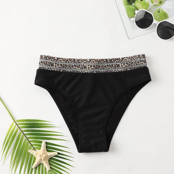 

Leopard Mesh Trim Bikini Panty, Black