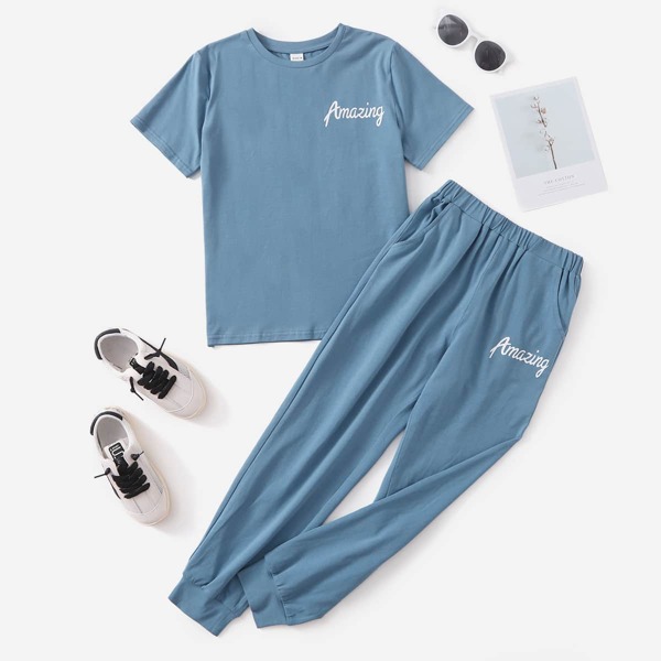 

Boys Letter Graphic Tee & Pants, Dusty blue