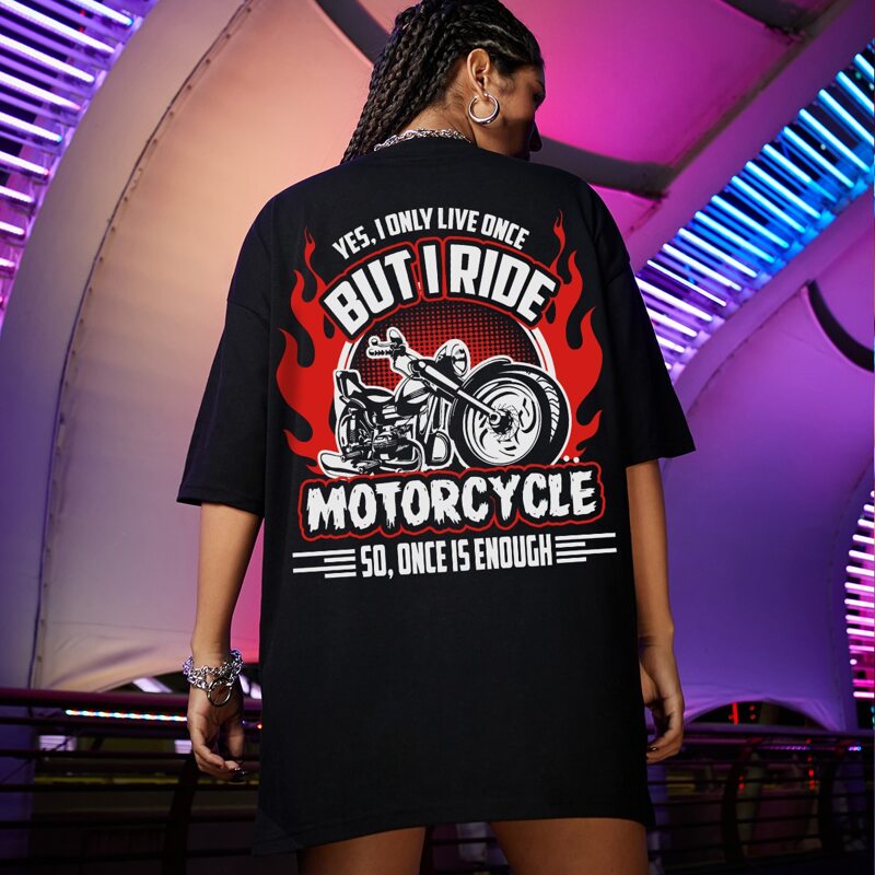 

Slogan & Motorcycle Graphic Drop Shoulder Oversized Tee, Black