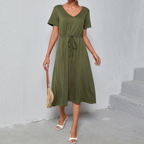 

Solid V-neck Drawstring Waist Dress, Army green