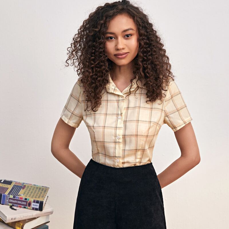

Plaid Print Button Up Blouse, Apricot
