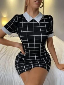 SHEIN SXY Contrast Collar Plaid Bodycon Dress - Black - View 1
