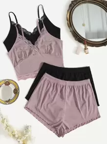 2pcs Lace Trim Cami Lounge Top & 2pcs Lettuce Hem Lounge Shorts - Multicolor - View 1