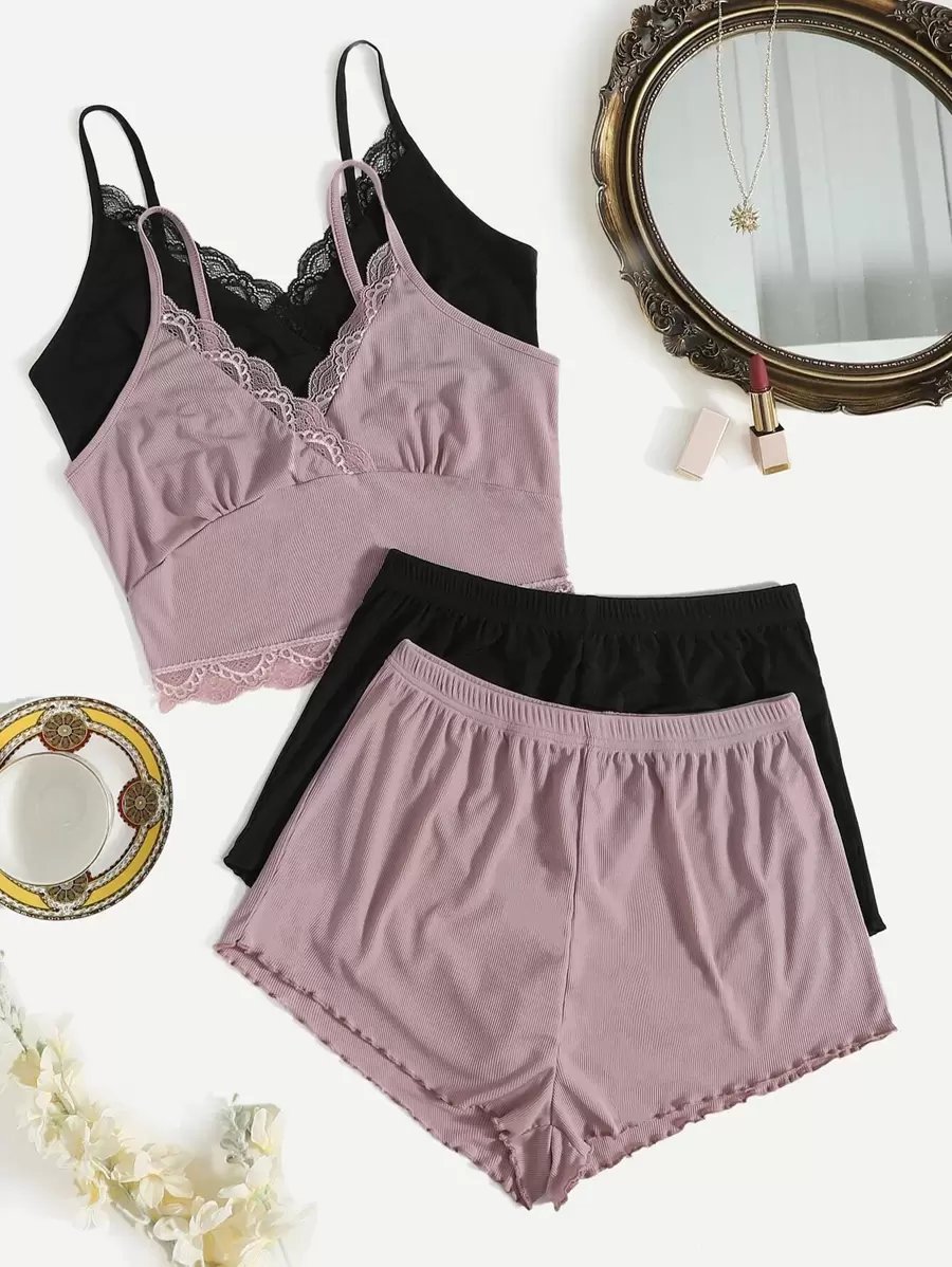 2pcs Lace Trim Cami Lounge Top & 2pcs Lettuce Hem Lounge Shorts - Multicolor - View 1