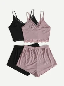 2pcs Lace Trim Cami Lounge Top & 2pcs Lettuce Hem Lounge Shorts - Multicolor - View 2