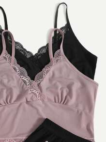 2pcs Lace Trim Cami Lounge Top & 2pcs Lettuce Hem Lounge Shorts - Multicolor - View 4