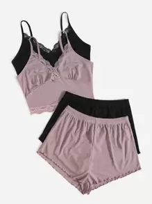 2pcs Lace Trim Cami Lounge Top & 2pcs Lettuce Hem Lounge Shorts - Multicolor - View 5