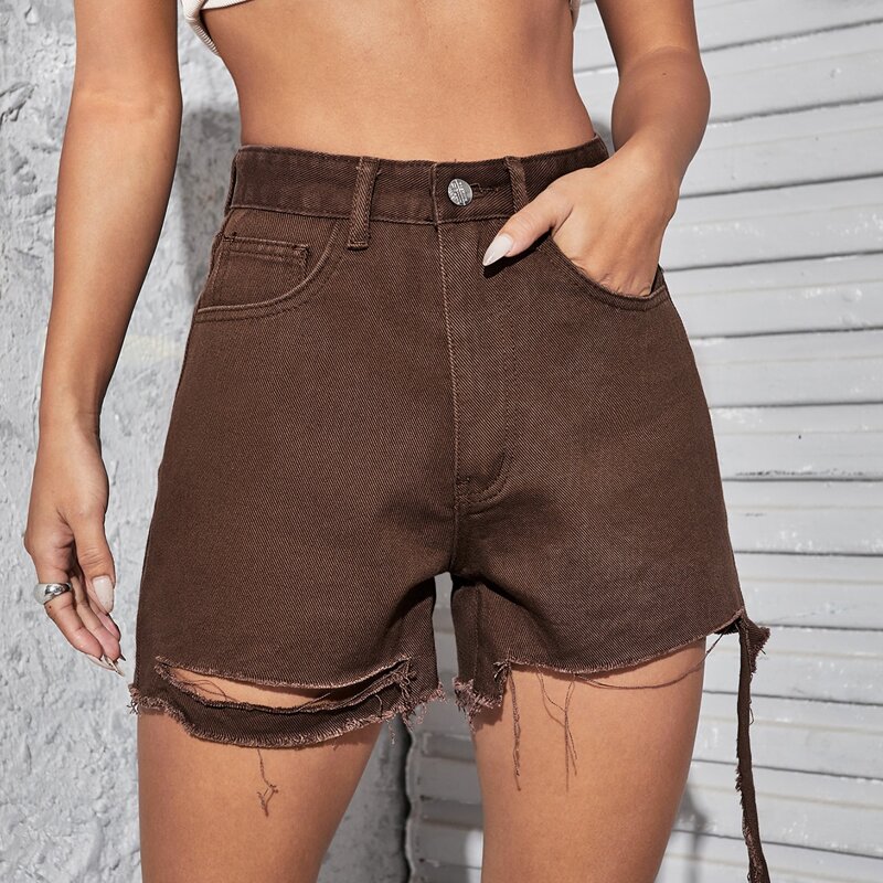 

High Waist Ripped Denim Shorts, Chocolate brown