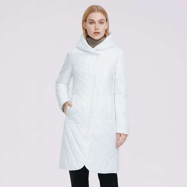 

Zip Front Hooded Long Padded Coat, White