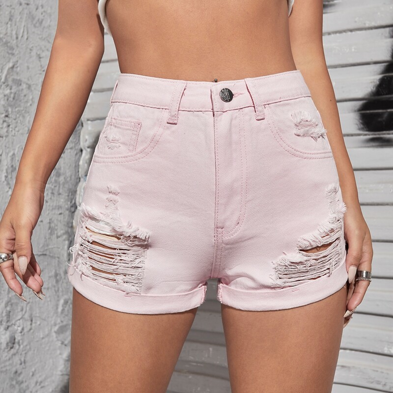 

High Waist Ripped Denim Shorts, Baby pink