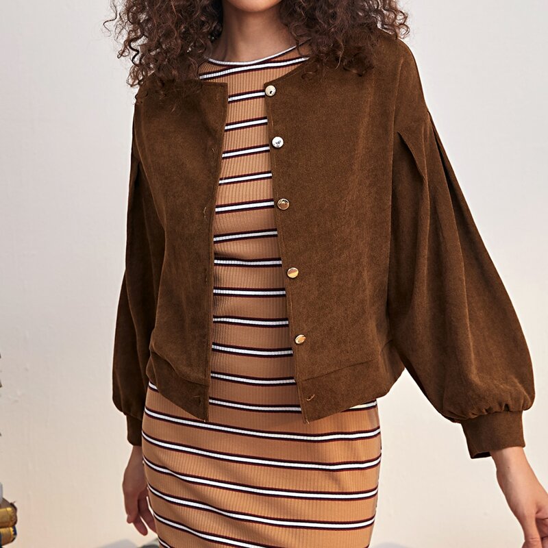 

Solid Button Up Lantern Sleeve Jacket, Coffee brown