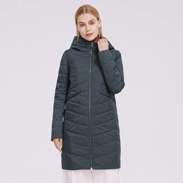

Zip Front Hooded Long Padded Coat, Dark green