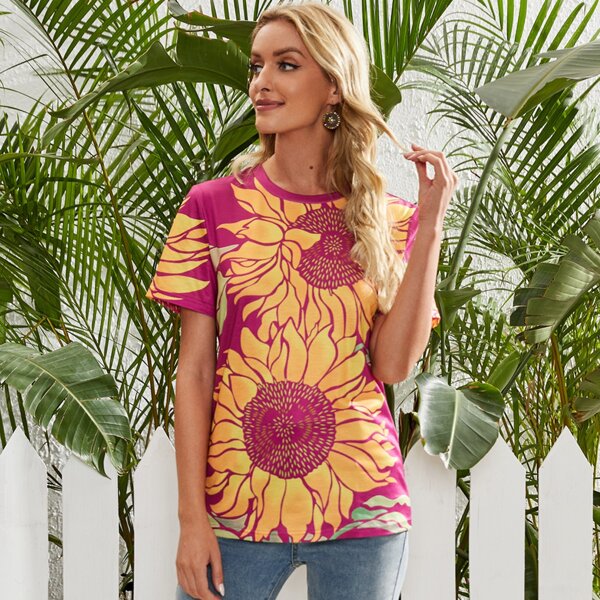 

Sunflower Print Short Sleeve Tee, Multicolor