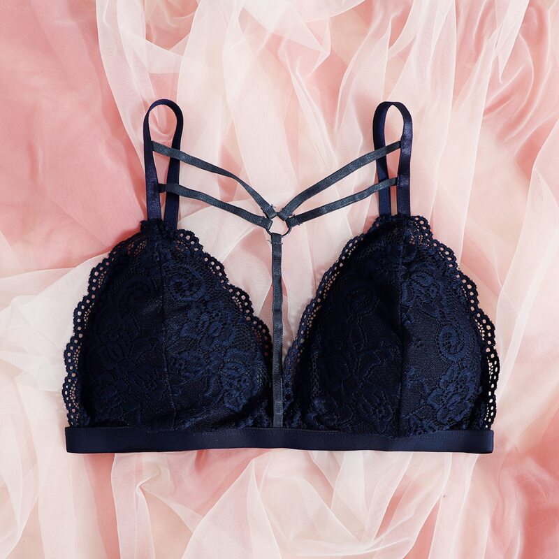 

Floral Lace Scallop Trim Bralette, Navy blue