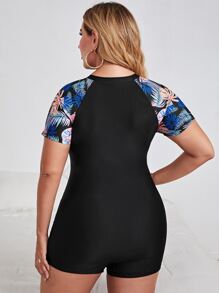 Plus Size Tropical & Floral Print Zipper Front One Piece Swimsuit Summer - Black - View 2