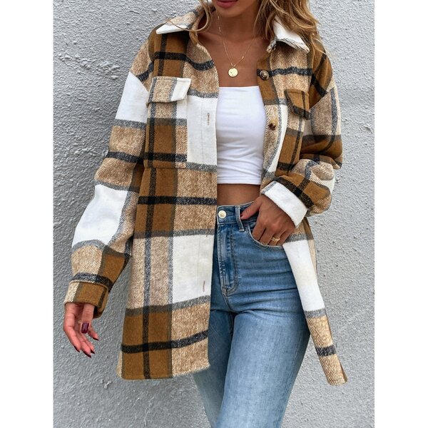 

Plaid Print Flap Pocket Drop Shoulder Wool-Mix Fabric Overcoat, Multicolor