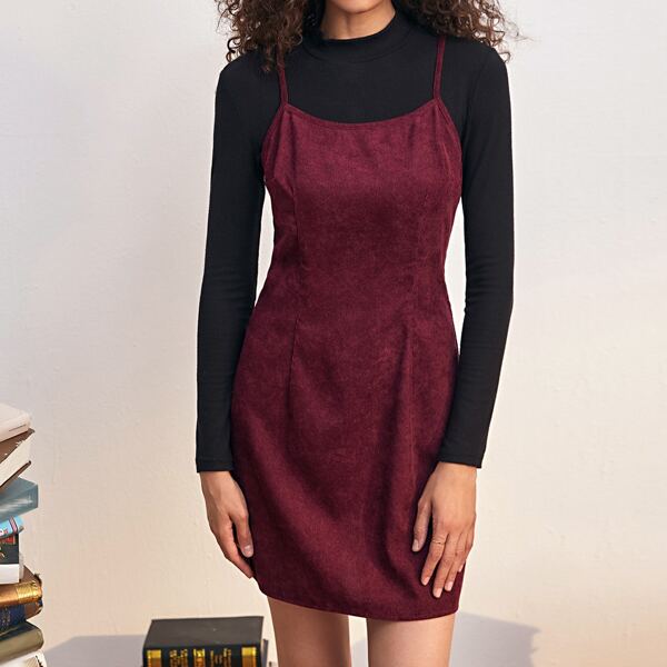 

Solid Zip Back Cami Dress Without Tee, Maroon